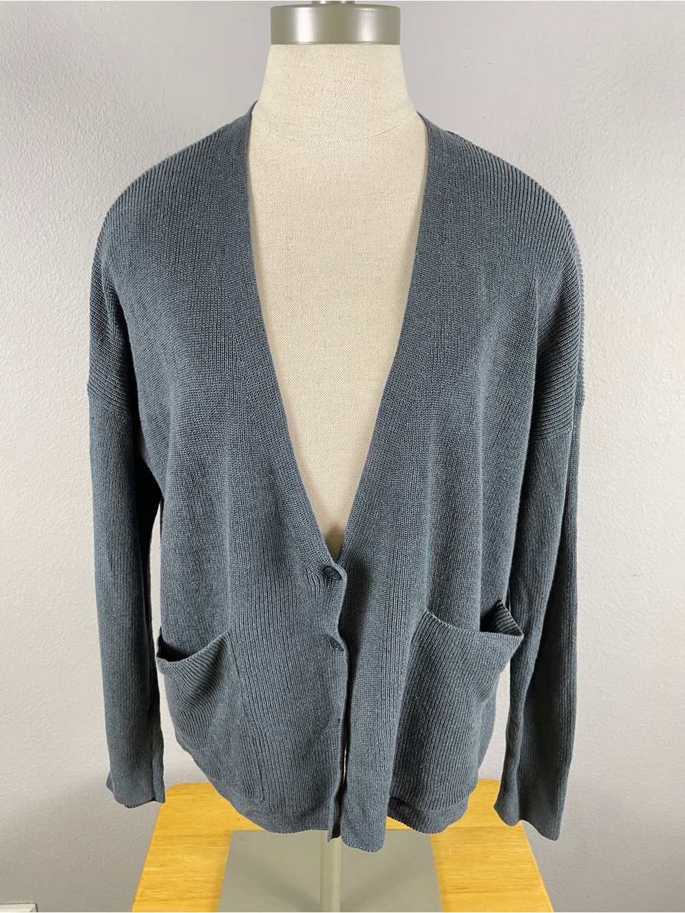 Eileen Fisher Blue Gray Organic Linen Cotton Cardigan Sweater Long Sleeve Medium